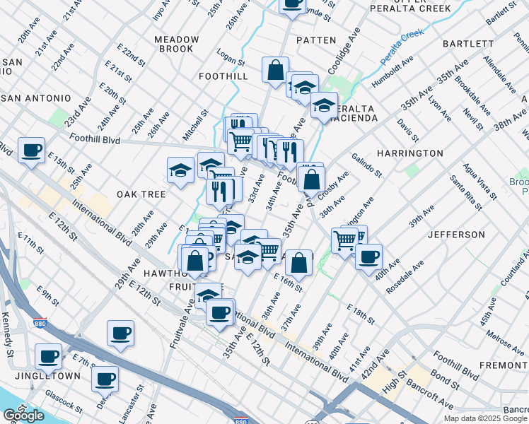map of restaurants, bars, coffee shops, grocery stores, and more near 1717 34th Avenue in Oakland