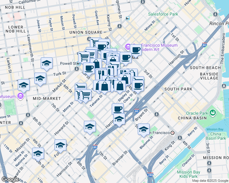 map of restaurants, bars, coffee shops, grocery stores, and more near 330 Clementina Street in San Francisco