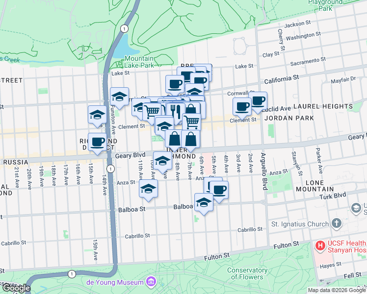 map of restaurants, bars, coffee shops, grocery stores, and more near 342 8th Avenue in San Francisco