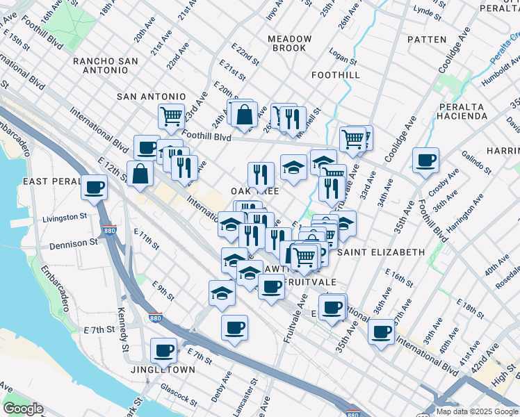map of restaurants, bars, coffee shops, grocery stores, and more near 1531 28th Avenue in Oakland