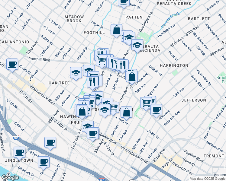 map of restaurants, bars, coffee shops, grocery stores, and more near 1723 34th Avenue in Oakland