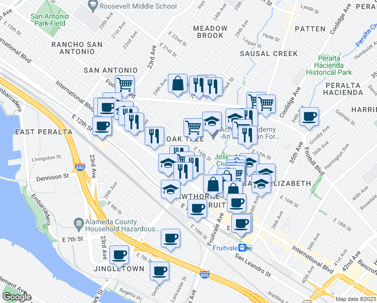 map of restaurants, bars, coffee shops, grocery stores, and more near 1531 28th Avenue in Oakland