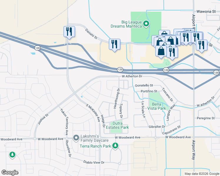 map of restaurants, bars, coffee shops, grocery stores, and more near 2782 Silhouettes Street in Manteca
