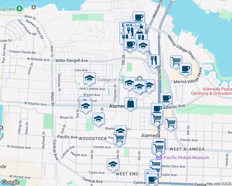 map of restaurants, bars, coffee shops, grocery stores, and more near 3 Pickrell Square in Alameda