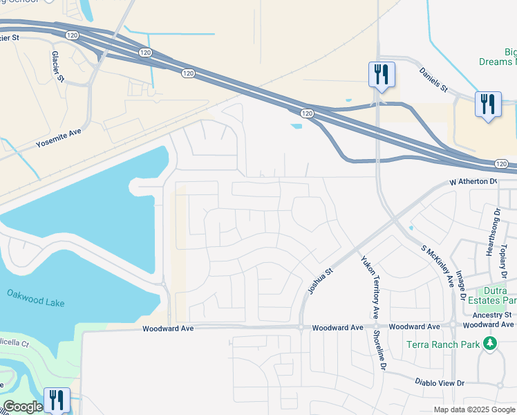 map of restaurants, bars, coffee shops, grocery stores, and more near 1300-2998 Bronzan Road in Manteca