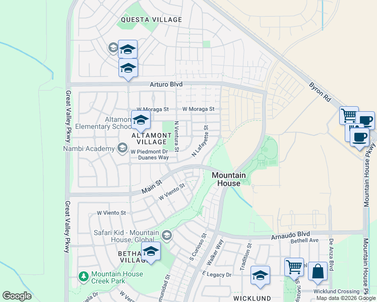 map of restaurants, bars, coffee shops, grocery stores, and more near 258 Arcadia Street in Tracy