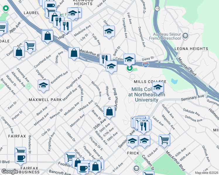 map of restaurants, bars, coffee shops, grocery stores, and more near 2 Wyman Place in Oakland