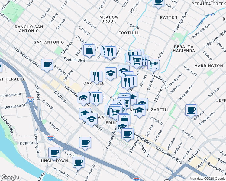 map of restaurants, bars, coffee shops, grocery stores, and more near 2912 East 17th Street in Oakland