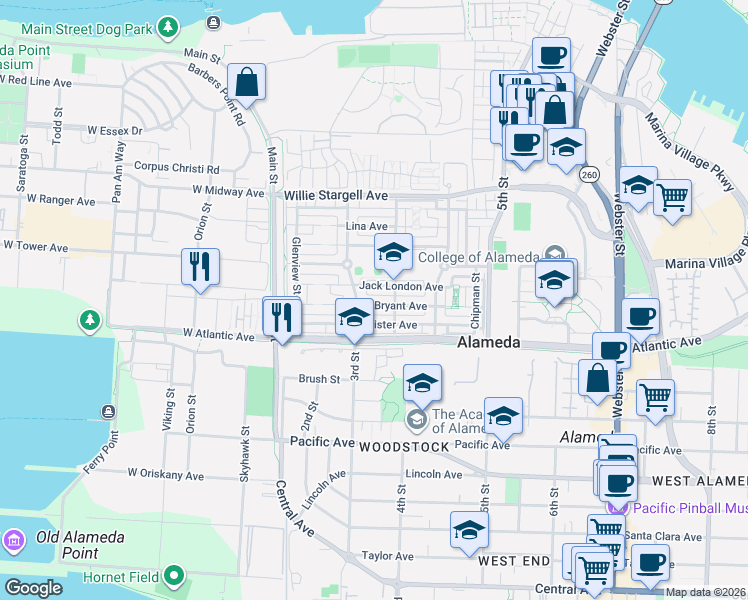 map of restaurants, bars, coffee shops, grocery stores, and more near 2228 Mosley Avenue in Alameda