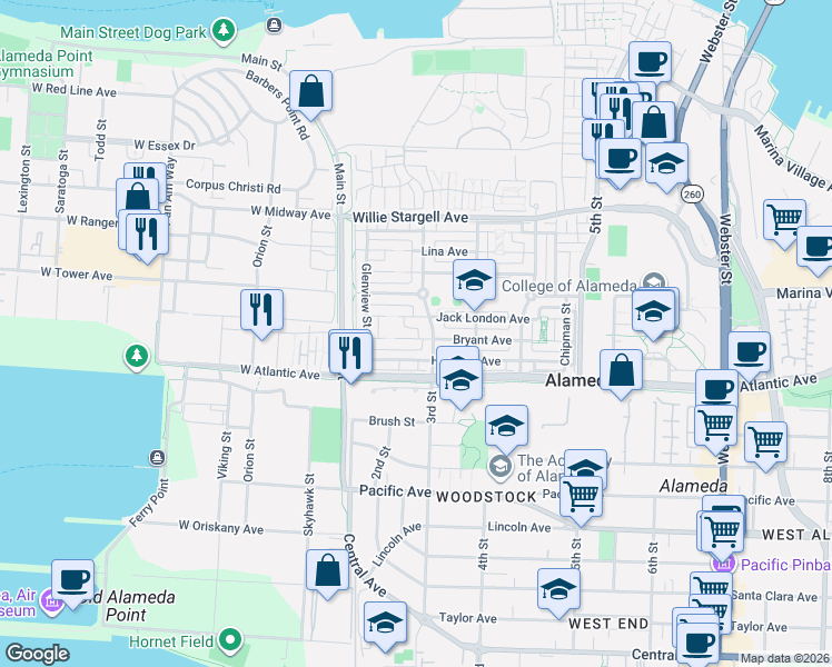 map of restaurants, bars, coffee shops, grocery stores, and more near 251 Jack London Avenue in Alameda