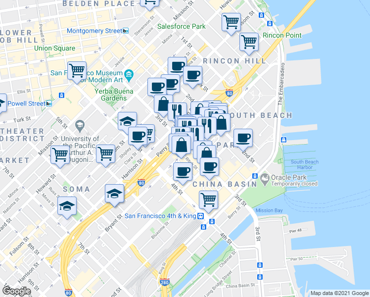 map of restaurants, bars, coffee shops, grocery stores, and more near 470 Bryant Street in San Francisco