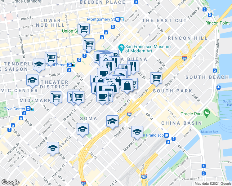 map of restaurants, bars, coffee shops, grocery stores, and more near 310 4th Street in San Francisco