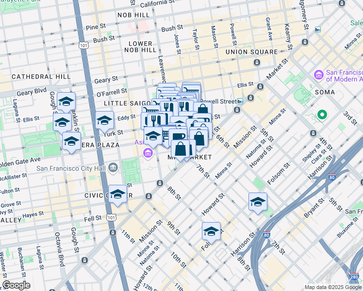 map of restaurants, bars, coffee shops, grocery stores, and more near 168 Golden Gate Avenue in San Francisco