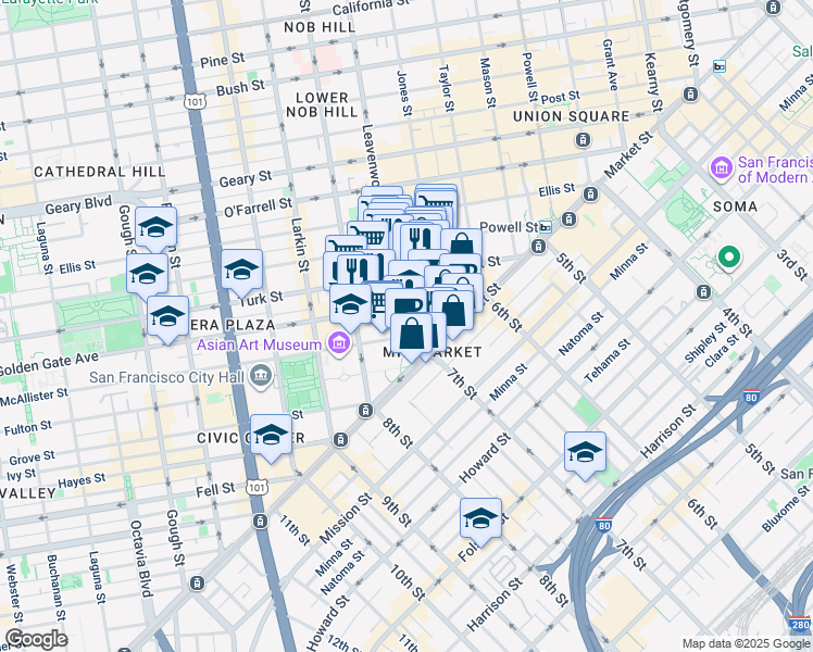 map of restaurants, bars, coffee shops, grocery stores, and more near 168 Golden Gate Avenue in San Francisco