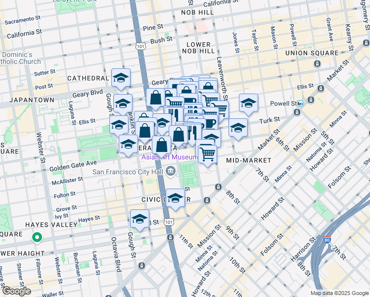 map of restaurants, bars, coffee shops, grocery stores, and more near 450 Golden Gate Avenue in San Francisco