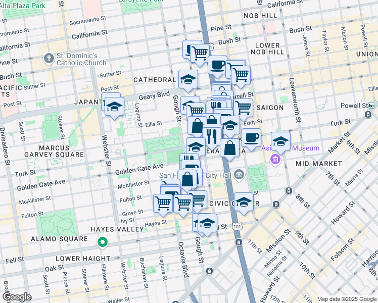 map of restaurants, bars, coffee shops, grocery stores, and more near 930 Gough Street in San Francisco