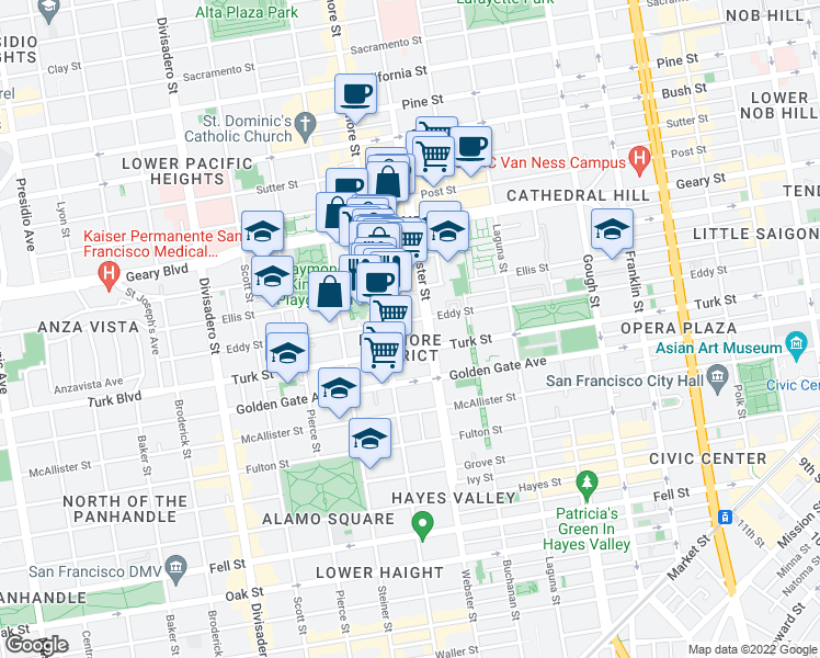 map of restaurants, bars, coffee shops, grocery stores, and more near 1205 Webster Street in San Francisco