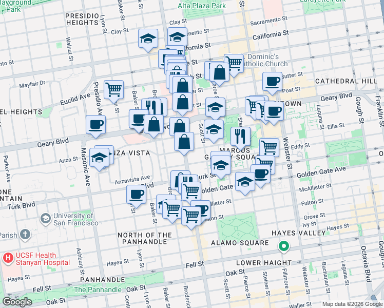 map of restaurants, bars, coffee shops, grocery stores, and more near 1320 Divisadero Street in San Francisco