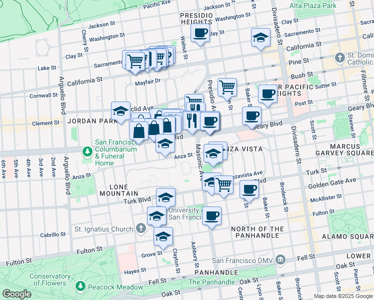map of restaurants, bars, coffee shops, grocery stores, and more near 19 Masonic Avenue in San Francisco