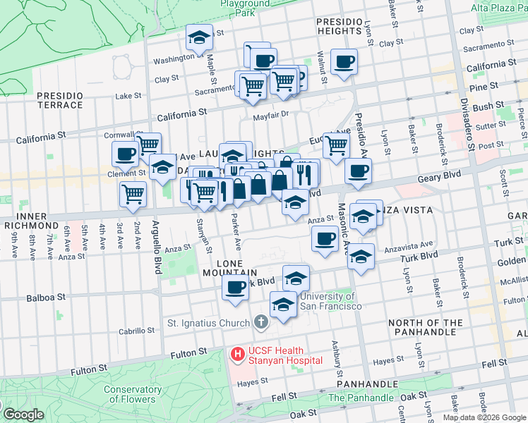 map of restaurants, bars, coffee shops, grocery stores, and more near in San Francisco