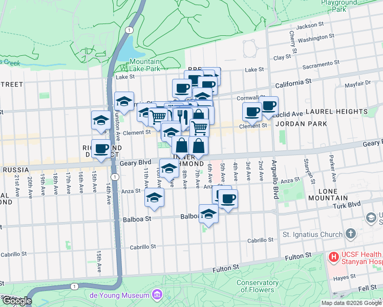 map of restaurants, bars, coffee shops, grocery stores, and more near 342 8th Avenue in San Francisco