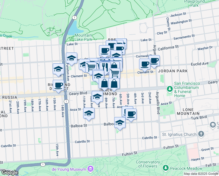 map of restaurants, bars, coffee shops, grocery stores, and more near 342 8th Avenue in San Francisco