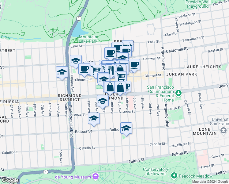 map of restaurants, bars, coffee shops, grocery stores, and more near 342 8th Avenue in San Francisco