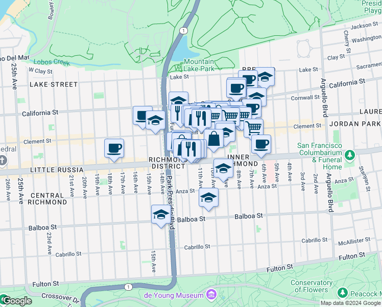 map of restaurants, bars, coffee shops, grocery stores, and more near 332 12th Avenue in San Francisco