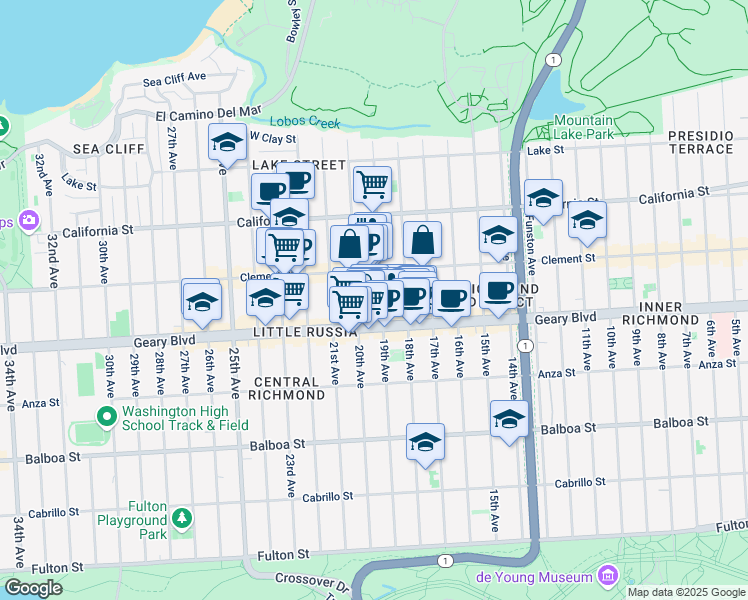 map of restaurants, bars, coffee shops, grocery stores, and more near 312 19th Avenue in San Francisco