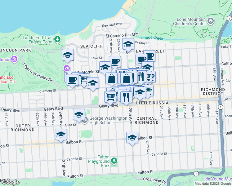 map of restaurants, bars, coffee shops, grocery stores, and more near 396 27th Avenue in San Francisco