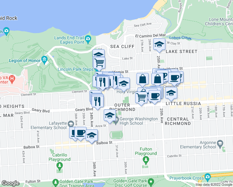 map of restaurants, bars, coffee shops, grocery stores, and more near 395 31st Avenue in San Francisco