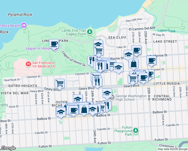 map of restaurants, bars, coffee shops, grocery stores, and more near 300 34th Avenue in San Francisco