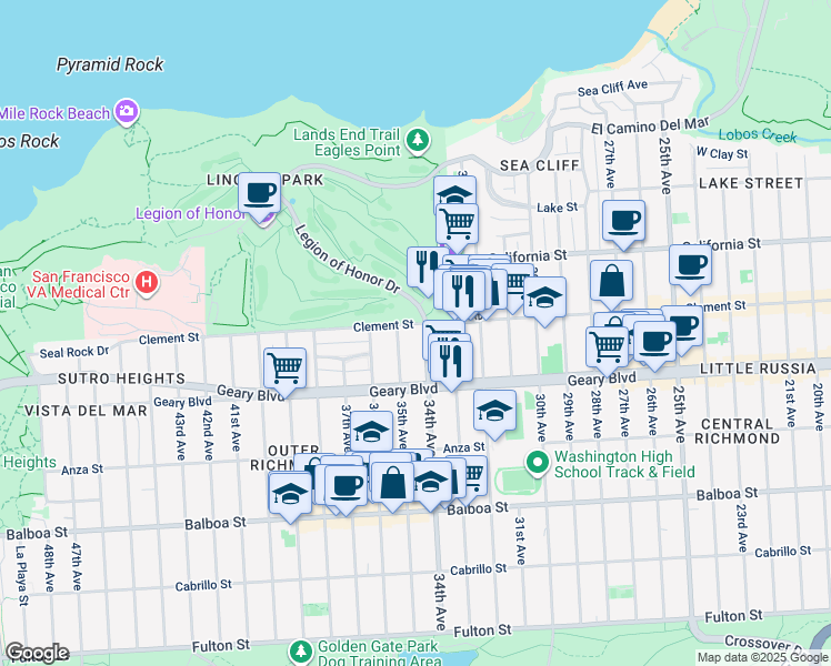 map of restaurants, bars, coffee shops, grocery stores, and more near 300 34th Avenue in San Francisco