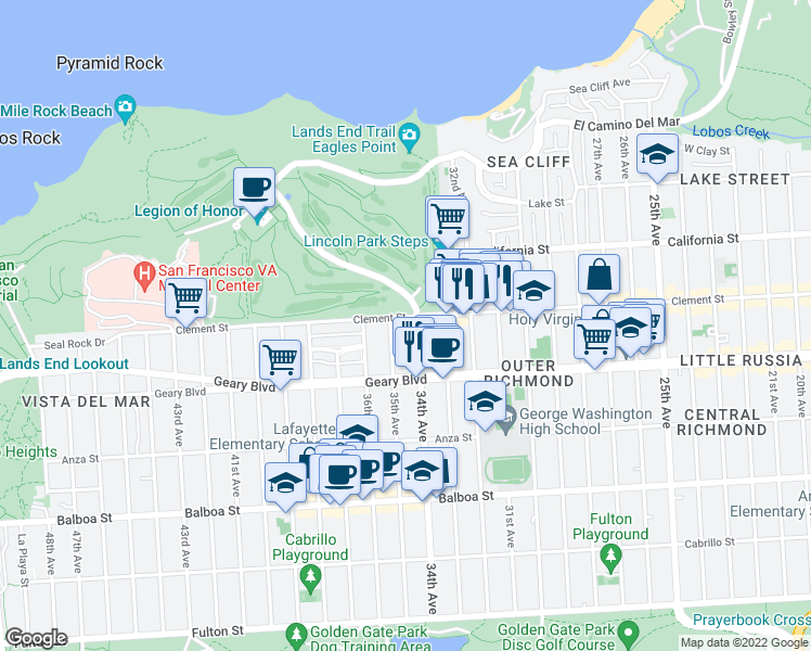 map of restaurants, bars, coffee shops, grocery stores, and more near 300 34th Avenue in San Francisco