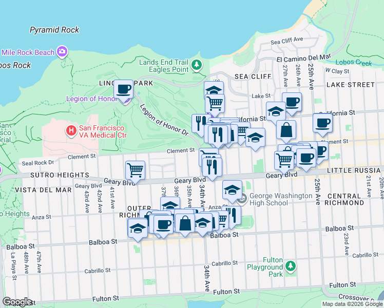 map of restaurants, bars, coffee shops, grocery stores, and more near 300 34th Avenue in San Francisco
