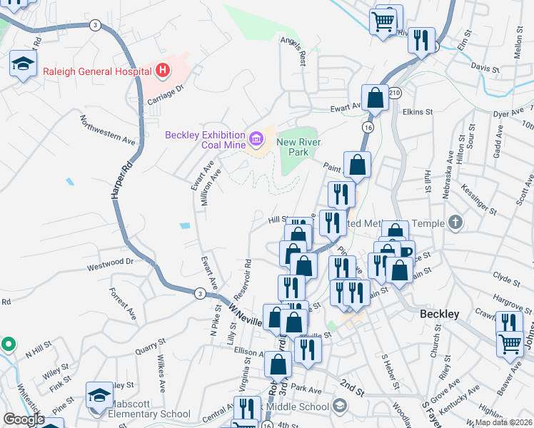 map of restaurants, bars, coffee shops, grocery stores, and more near 298 Combs St in Beckley