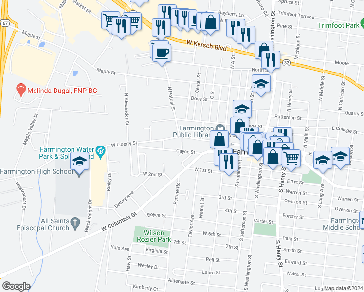 map of restaurants, bars, coffee shops, grocery stores, and more near 419 West Liberty Street in Farmington