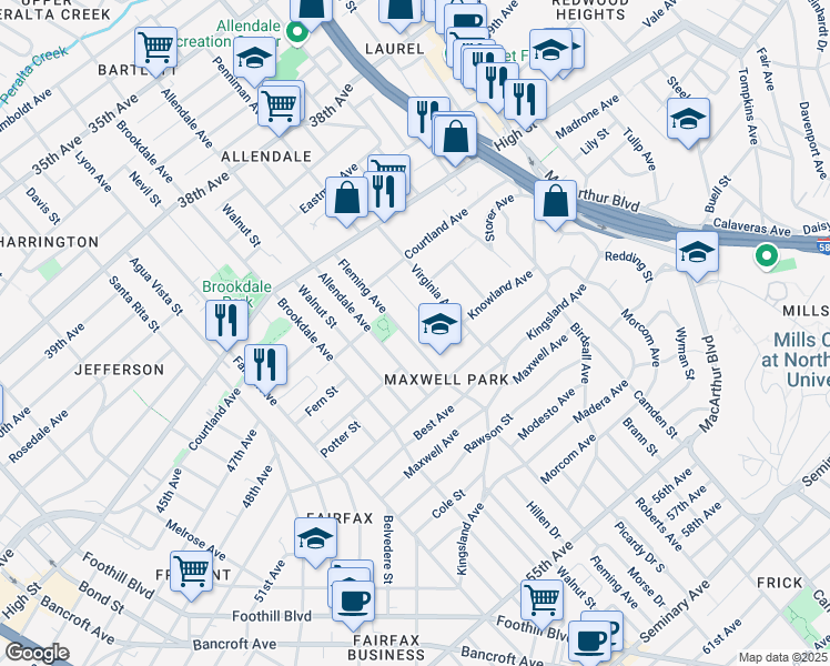 map of restaurants, bars, coffee shops, grocery stores, and more near 4515 Penniman Avenue in Oakland
