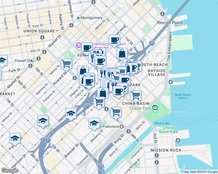 map of restaurants, bars, coffee shops, grocery stores, and more near 126 Perry Street in San Francisco