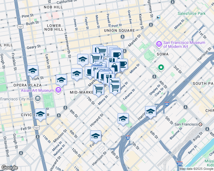 map of restaurants, bars, coffee shops, grocery stores, and more near 87 6th Street in San Francisco