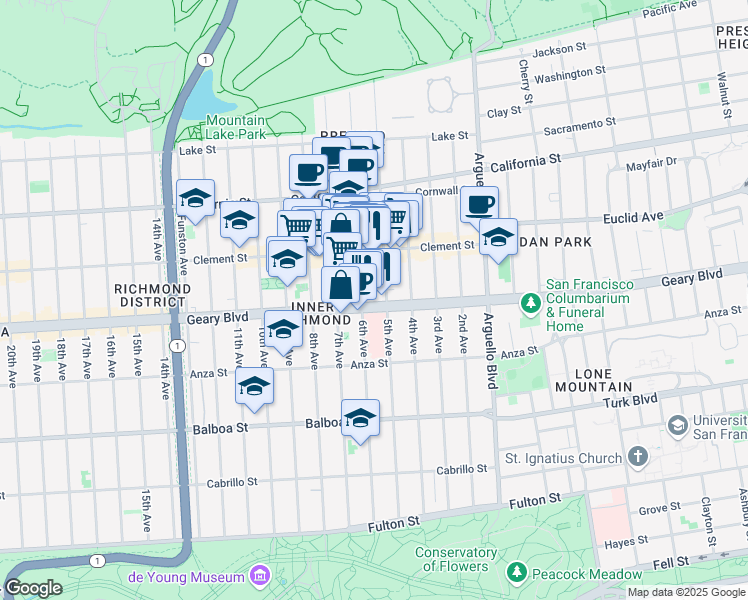map of restaurants, bars, coffee shops, grocery stores, and more near 4128 Geary Boulevard in San Francisco