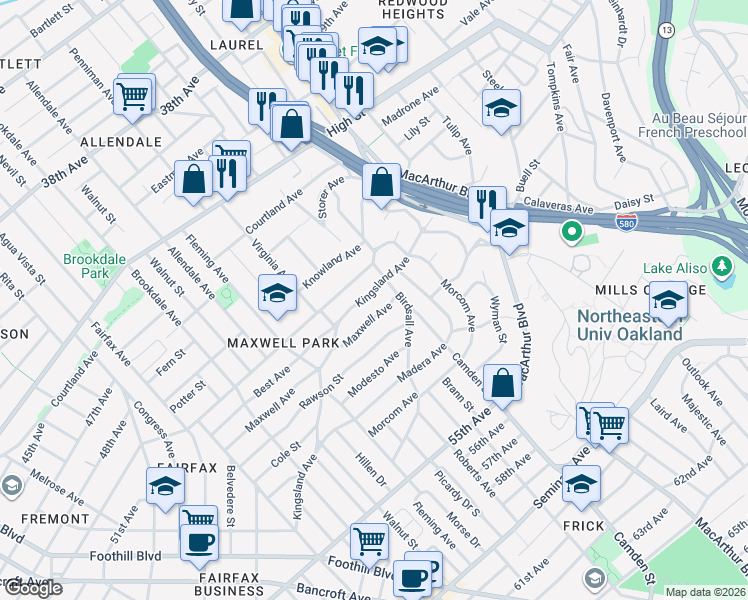 map of restaurants, bars, coffee shops, grocery stores, and more near 3136 Kingsland Avenue in Oakland
