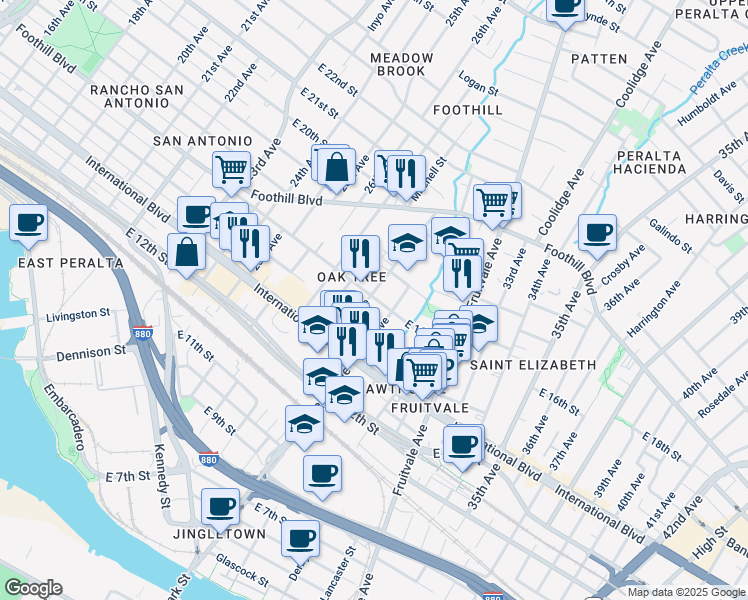 map of restaurants, bars, coffee shops, grocery stores, and more near 2805 East 16th Street in Oakland