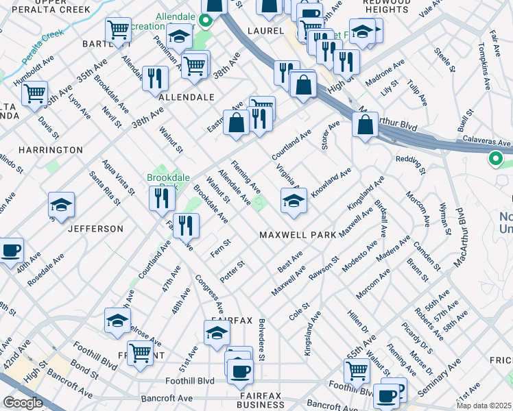 map of restaurants, bars, coffee shops, grocery stores, and more near 4618 Allendale Avenue in Oakland