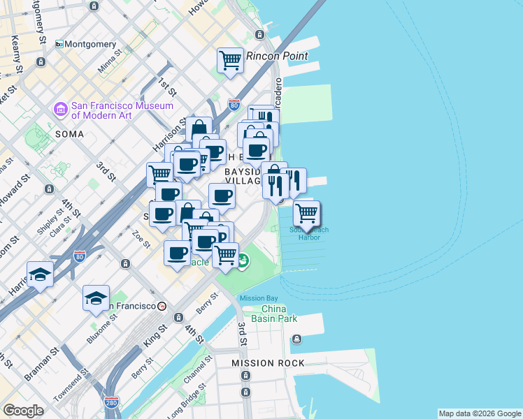 map of restaurants, bars, coffee shops, grocery stores, and more near 800 The Embarcadero in San Francisco