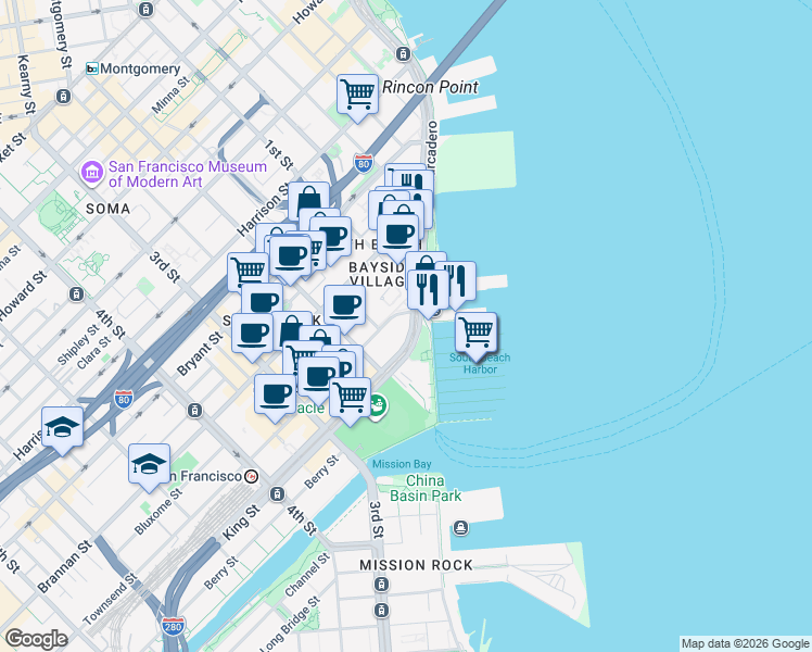 map of restaurants, bars, coffee shops, grocery stores, and more near 800 The Embarcadero in San Francisco