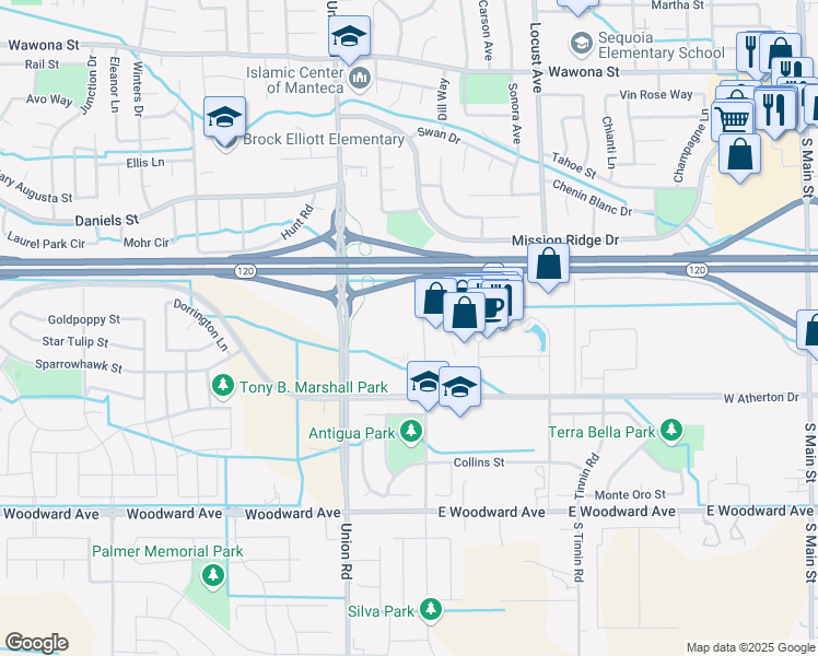 map of restaurants, bars, coffee shops, grocery stores, and more near 1060 Perimeter Drive in Manteca