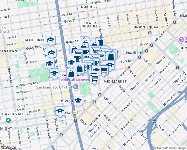 map of restaurants, bars, coffee shops, grocery stores, and more near 333 Golden Gate Avenue in San Francisco