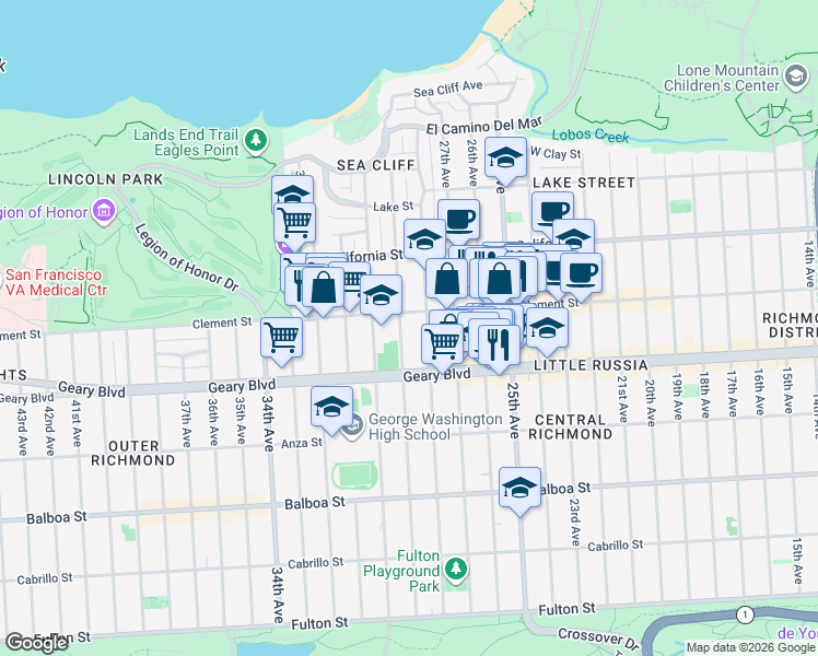 map of restaurants, bars, coffee shops, grocery stores, and more near 420 29th Avenue in San Francisco