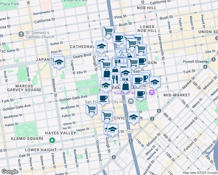 map of restaurants, bars, coffee shops, grocery stores, and more near 745 Franklin Street in San Francisco